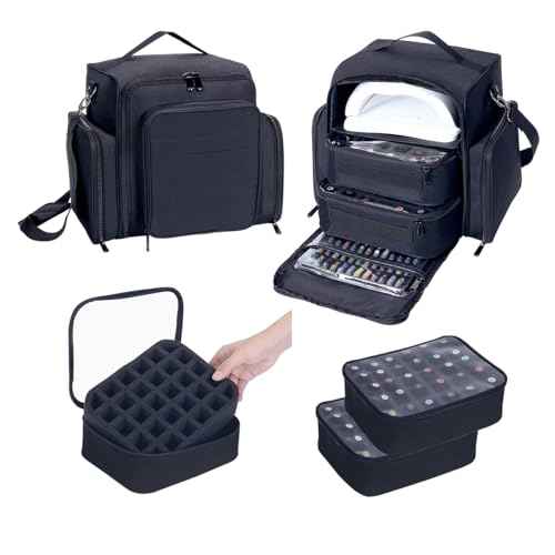 Nail Polish Organizer Case Holds 60 Bottles Portable Travel Storage Box with 2 Detachable Bags, Designed for Women's Nail Tools, Essential Oils and Cosmetics Sets Black