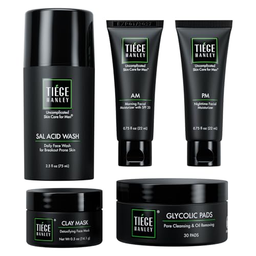 Tiege Hanley Skin Care Set for Men, Advanced Routine for Oily & Combination Skin, Level 2 System, Salicylic Acid Face Wash, Glycolic Pads, Two Moisturizers & Clay Mask, Men¡¯s Skin Care, 5 Piece Kit