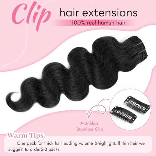 Clip in Hair Extensions Real Human Hair Body Wave 1B Natural Black Clip in 100% Brazilian Remy Human Hair Extensions 8pcs Per Set with 18 Clips Double Weft 24 Inch 120g/3.6oz