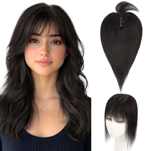 Hairro Human Hair Topper with Wispy Bangs, Clips on 360¡Æ 3D Cover Real Hairpieces Lightweight, 2.25"x6" Base for Women with High Hairline/Thinning Hair, 8 Inch Natural Black Bangs