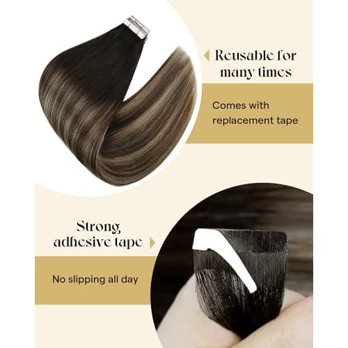 Ve Sunny Tape in Hair Extensions Real Human Hair Invisible Remy Human Hair Straight Tape Ins Double Sided Natural Black Ombre Dark Brown Balayage Ash Blonde 24 inch 20Pcs 50G