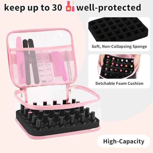 Beloving Clear Nail Polish Organizer Holds 30 Bottles PVC Nail Polish Case See-Through Nail Supplies with Manicure Tools Storage Sections, Portable Travel Nail Tech Carrying Bag for Storage Display
