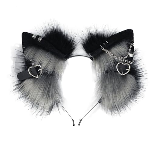 Furry Cat Ears Headband Punk Gothic Heart Clips Animal Ears Hair Hoop for Halloween Cosplay Costume Party