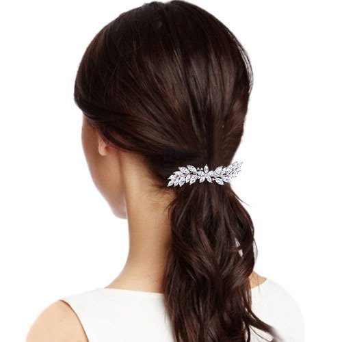 EVER FAITH Women's Wedding Barrettes CZ Marquise-Shaped Hibiscus Flower Leaf Hair Styling Tools Accessories Clear Silver-Tone