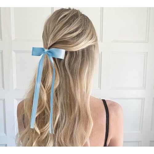 Hair Bows Clips Ribbon Bowknot with Long Tail 6 PCS,Coquette Bow Hair for Girls Sky Blue Hair Bows Barrettes Hair Accessories Cute Hair Accessories for Women and Teens