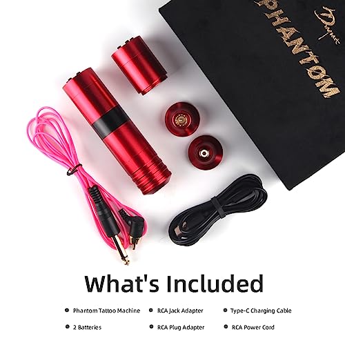 Dragoart Phantom Wireless Tattoo Machine, 2 * 1300mAh Battery Power Supply LED Screen, Coreless Motor, Professional Tattoo Machine Gun for Wireless or Wired RCA (3.5mm Stroke, Red)