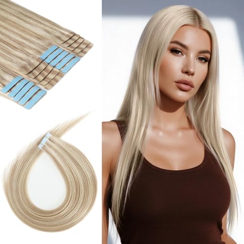 Tape in Hair Extensions Human Hair 20 Inch 50g 20Pcs Remy Human Hair Extensions Invisible Straight Seamless Tape in Extensions (20in, 50g, #16/22)