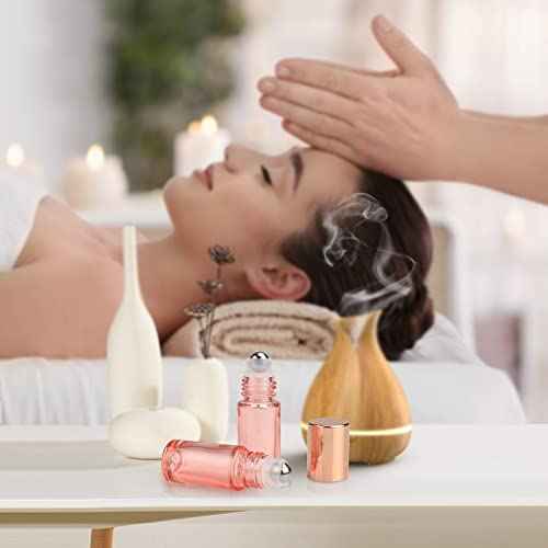 Wresty 1/6 Oz Pink Glass Roller Bottles, 6 Pack 5ml Roll On Bottles With Rose Gold Lids For Essential Oils, Perfume, Cosmetic Liquid