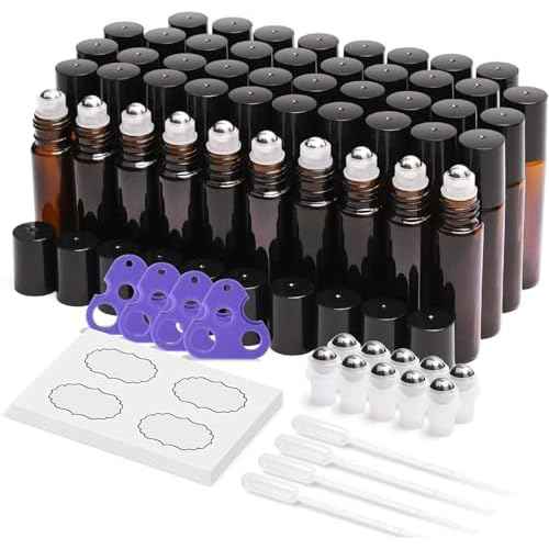 ULG 48-Pack Essential Oil Roller Bottles 10ml, Empty Bottles with Stainless Steel Roller Balls and Waterproof Labels, Amber Roller Balls For Essential Oils