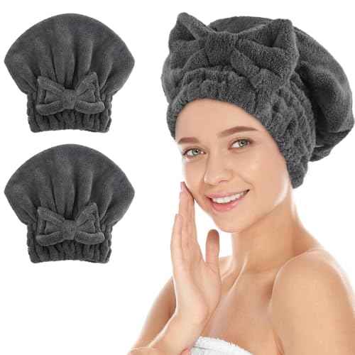 SUNLAND Large Microfiber Hair Drying Caps with Bow knot Fast Drying Shower Cap Soft and Absorbent hairWrap Hair Turban Bath Caps for Curly Thick and wet Hair 11 X 13.4 inch 2 Pack Dgrey