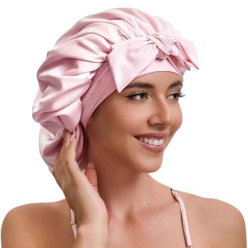 Tie Band Silk Satin Hair Bonnet for Sleeping Women Curly : Sleep Night Wrap Cap for Straight Wavy Coily Kinky Natural Hair Head - Pink