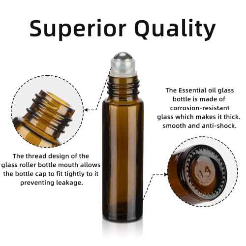 10ML Essential Oil Roller Bottles, 6 Pack Amber Oil Roller Bottles for Essential Oils, Roll on Bottle with Stainless Steel Balls(6 Labels, Opener, Funnel, Dropper Included)