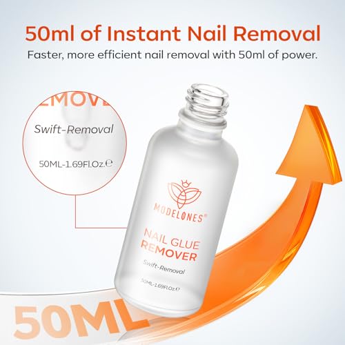 Modelones 50 ML Nail Glue Remover for Press On Nails, Upgrade Clear Stick On Nails Remover for Acrylic Tips, Nail Polish Remover with Wood Stick