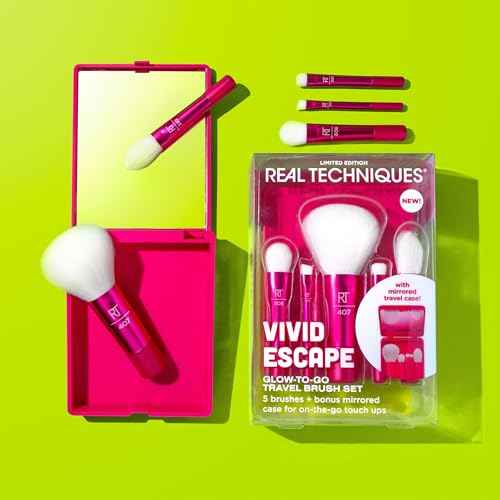 Real Techniques Vivid Escape Glow-To-Go Travel Makeup Brush 6 Piece Set, Mini Size Makeup Brushes For Eyeshadow, Concealer, Contour, & Blush, Includes Mirror Cosmetic Case, Cruelty-Free & Vegan
