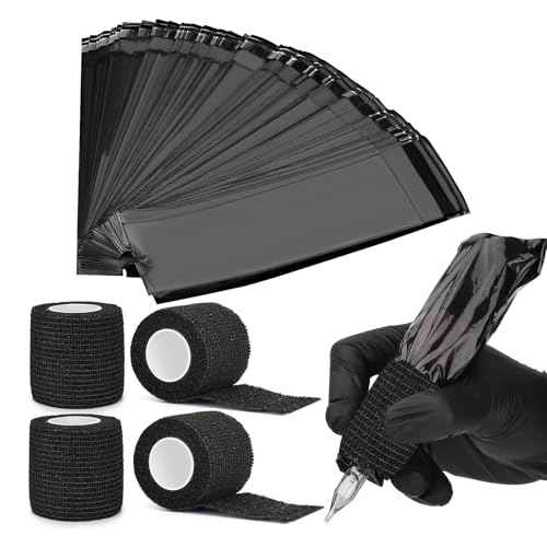 200PCS Tattoo Pen Covers with Self-adhesive Strip 4PCS Tattoo Grip Wrap Bandages Tattoo Machine Bags Tattoo Supplies Accessories (Black, 200pcs Bags+4pcs Tape)