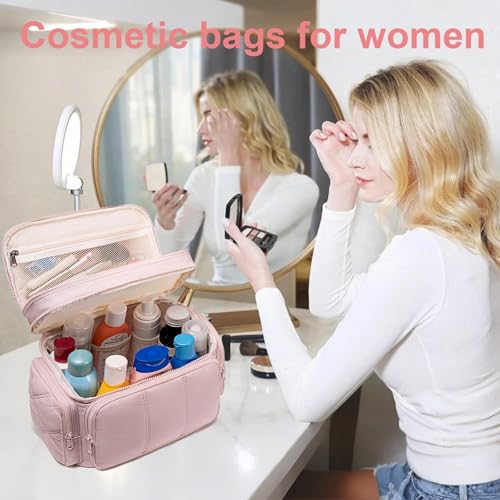 LEDAOU Travel Toiletry Bag for Women, Quilted Cosmetic Makeup Bag Organizer with Double Deck, Large Wide-open Travel Bag for Toiletries, Essentials