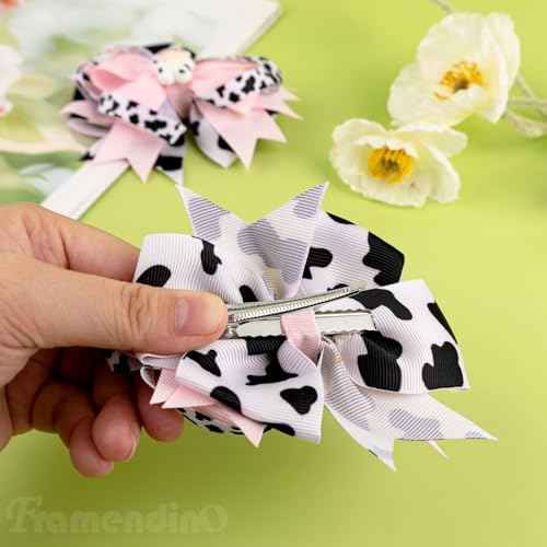 Framendino, 2 Pack Pink Cow Print Hair Bow Clips Bows Grosgrain Ribbon Alligator Moo Bowknot Barrettes Pins for Accessories