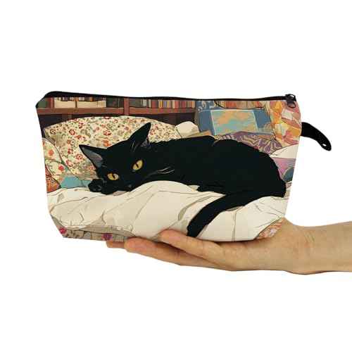 Cat Present Black Cosy Cat Makeup Bag Cute Small Organizer Bag with Zipper Floral Black Cat Kitten On Bed Cosmetic Bag Birthday Present for Cat Lovers Women Friends