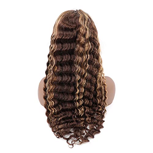 BLY Highlight Human Hair Lace Front Wigs Deep Wave #4/27 Ombre Colored Glueless Wigs Pre Plucked 18 Inch 4x4 Transparent Curly Water Wave Lace Wig Honey Blonde Real Human Hair 180% Density