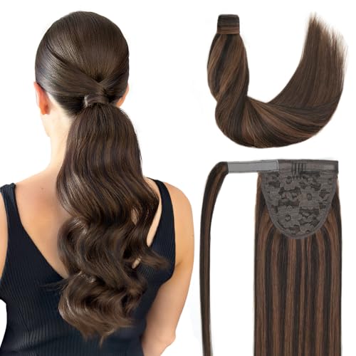 Ponytail Extension Human Hair 18 Inch Dark Brown to Chestnut Brown Silky Straight Clip in Hair Extensions Wrap Around Ponytail Hair Piece for Girls(18 inch Dark Brown to Chestnut Brown #2P6 85G)