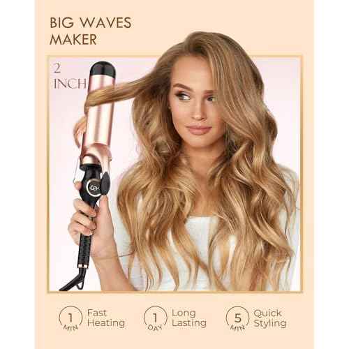 Large Curling Iron 2 Inch, Ceramic Long Barrel Hair Curling Wand, Hair Styling Tool, Dual Voltage, LCD Display, Black