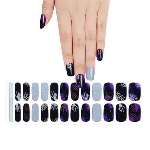DANNEASY 24 Pieces Halloween Semi Cured Gel Nail Strips Glow in The Dark Gel Nail Stickers Full Nail Wraps Spider Web Bat Skeleton Manicure Design with Nail File, Cuticle Stick, Prep Pads