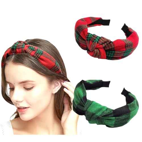 2pcs Christmas Headband Women Plaid Headbands Cloth Knotted Wide Head Band for Women Girls Christmas Hair Accessories Gift, Red and Green Color (Plaid Headband Style 1)