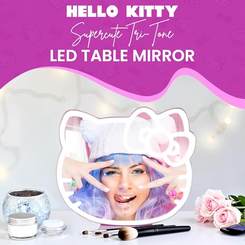 Impressions Vanity Supercute Hello Kitty Tabletop Desk Mirror with Lights and Touch Sensor Switch, Adjustable Tri Tone LED Lighted Makeup Mirror with Hidden Extendable Tray and Phone Holder