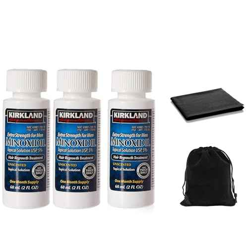 Minoxidil for Men 5% Topical Solution Extra Strength Hair Regrowth Treatment, Dropper Applicator Not Included, Clear, Includes MicroFiber Cleaning Cloths and Traveling Pouch (3 Month Supply)
