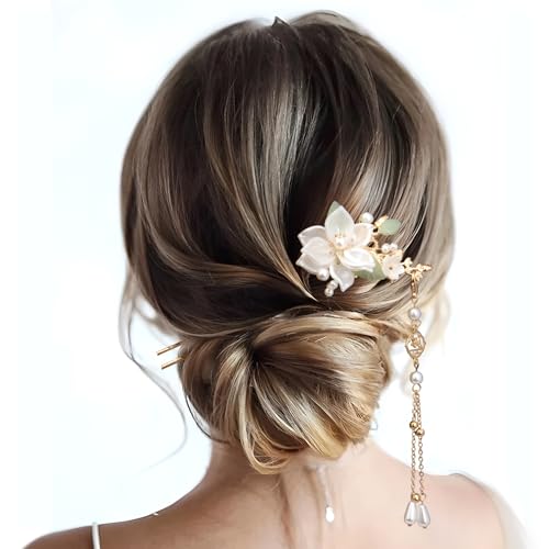 5pcs Camellia Flower Tassel Hair Pins, Vintage Chinese Rhinestones Pearl Hair Sticks, Floral Bun Updo Hair Comb Clip, Bridal Headpiece for Women Wedding, Parties - White