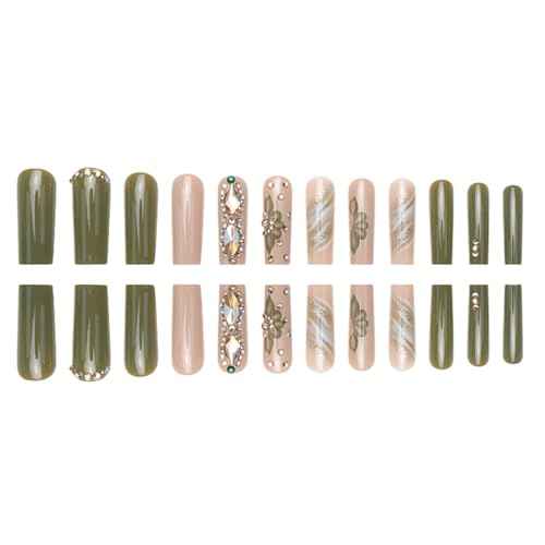 Green Fake Acrylic Long Nails Square False Nails Full Cover Rhinestones Press on Nails for Women and Girls 24PCS