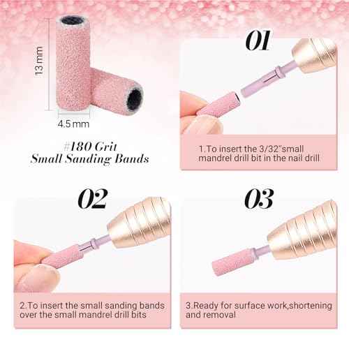 MelodySusie 50 Pcs Nail Drill Bits Small Sanding Bands with 3.1mm Mandrel Bit, 180 Fine Grit Nail File for Acrylic Nails Gel Manicures and Pedicure, Pink