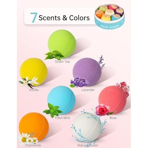 Aofmee Bath Bombs, 7pcs Bubble Bath Bombs for Women, Natural Handmade Fizzies Gift Set, Spa Organic Bathbombs for Kids, Essential Oil Personal Care Bath Gift for Birthday Mothers Day Christmas