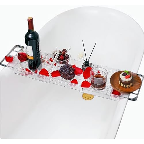 IEEK Expandable Bath Tray with Wine and Book Holder - Clear Acrylic Bathtub Caddy Shelf - Plastic Board Gift for Women