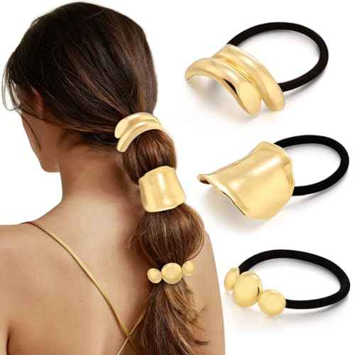 3PCS Gold Hair Ties for Thick Hair - Metal Ponytail Cuff Elastic No Damage Hair Accessories for Women - Geometric Valentine's Day Holiday Gifts