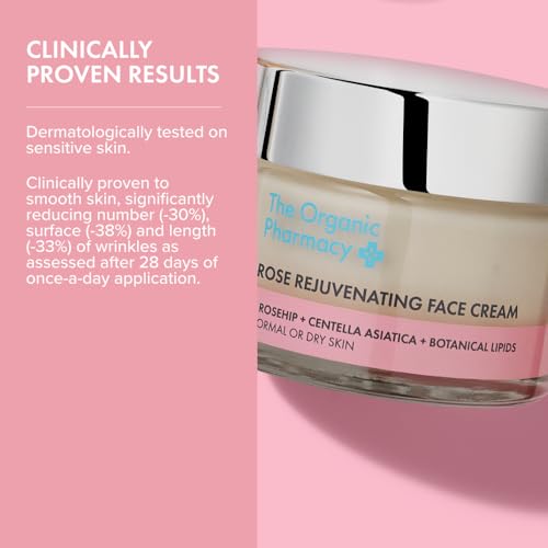 The Organic Pharmacy Rose Rejuvenating Face Cream, 50ml, Anti-aging Moisturizer with Rosehip Oil, Centella Asiatica, for All Skin Types