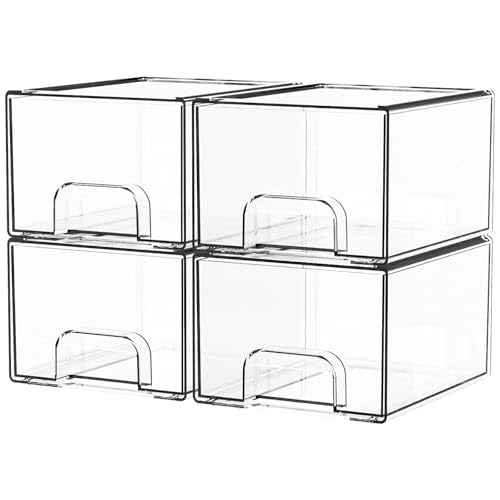 Yieach 4 Pack Clear Stackable Storage Drawers,4.4'' Tall Acrylic Drawer Containers for Organizing,Bathroom Organizers and Storage Bin Box,Plastic Makeup,Medicine Organizer Bins for Cabinet,Undersink