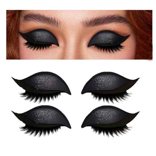Lazy Eye Shadow Eyelash Patch, 2025 New Eyeshadow Eyelash Stickers, 3-in-1 Self-Adhesive Reusable Fast Eye Makeup Stickers with False Lashes, With False Eyelashes, Eyeshadow, Eyeliner(BLACK) (2PCS)