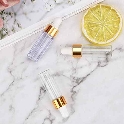 15Pcs Glass Essential Oil Bottles Tiny Clear Perfume Dropping Bottle Refillable Cosmetic Sample Vials Pot with Gold Cap and White Latex (5ml)