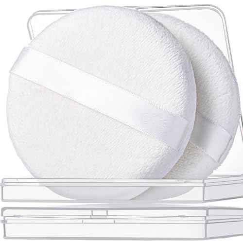 Teenitor 2pcs Powder Puff, 4.13 Inch Powder Puff for Body Powder, Body Powder Puff Large Powder Puff Loose Powder Puffs Soft Velour Body Powder Puff and Container White