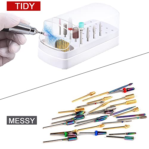 2 In 1 Nail Drill Bits Holder & Nail Drill Bits Cleaner Case,30 Holes Dustproof Nail Art Drill Bits Stand for Nails Display Organizer Container Manicure Tools (Not Include Nail Drill Bits) White