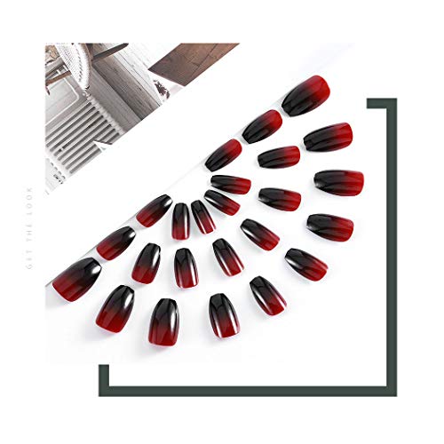 Glossy Press on Nails Black Coffin Fake Nails Halloween Ombre Full Cover Acrylic False Nail for Women and Girls (24Pcs) (Red Black)
