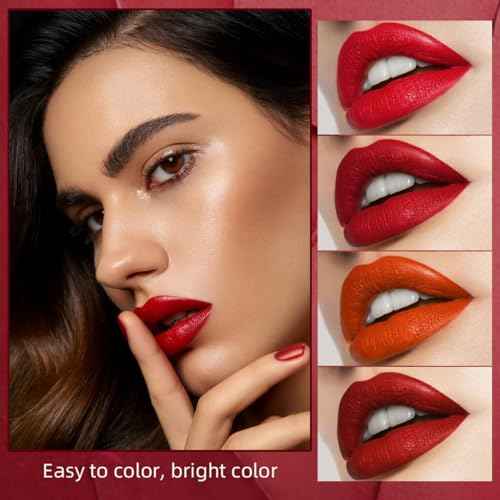 4 Colors Matte Lipstick Mini Little Tube Lip Stain, Velvet Lipstick Set, Red Moisturizer Smooth Lip Stick, Long Lasting 24 Hours Non-Sticky