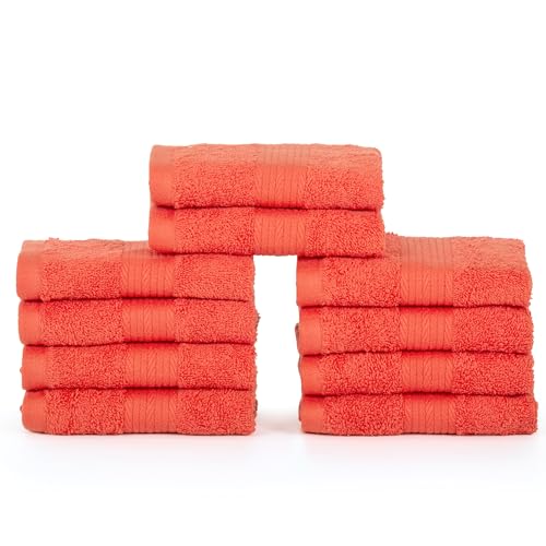 Ample Decor Wash Cloths Pack of 10, Oeko Tex Certified 600 GSM 100% Cotton Soft Absorbent, Premium Quality Durable Machine Washable, Ideal for Bathroom, Pool, Hotel, Spa ? Orange