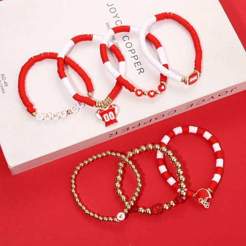 Game Day Headbands for Women Red Spirit Day Accessories Jeweled Football Headband Heishi Bracelets Game Day Tassel Earrings Football Mom Game Day Accessories Outfits Gifts