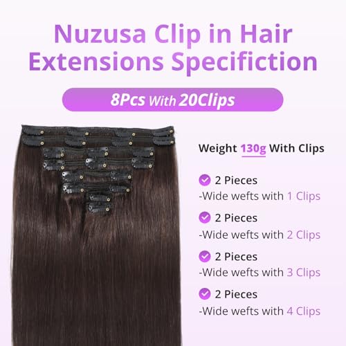 Clip in Hair Extensions Real Human Hair,100% Seamless Invisible Remy Human Hair Silky Straight,Clip Extensions for Women, 8pcs Per Set with Double Weft,2 Dark Brown,26inch 130g/4.6oz