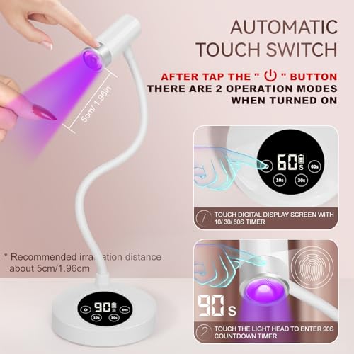 AORAEM UV LED Nail Lamp, Rechargeable Gooseneck Lamp for Gel Nails 12W Quick Dry LED Nail Light Bueaty Dryer with 4 Timers & Auto Sensor, Professional Flash Cure Light for Gel Nails Home DIY White