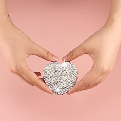 AsAlways Rhinestone Compact Pocket Mirror Portable Travel Cute Cosmetic Mirror Folding Handheld Double-Sided 1x/2x Magnifying Purse Mirror (Silver)