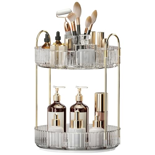 360¡Æ Rotating Makeup Organizer, Large-Capacity Skincare Make Up Storage 2 Tier Perfume Organizers Cosmetic Dresser Organizer with Makeup Brush Holder, Fits Bedroom, Bathroom, Vanity Shelf Countertop