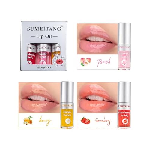 3Pcs Hydrating Lip Oil Set£¬Non-sticky Lip Oils Gloss Lip Balm Lip Care£¬Deeply Nourishing and Repairing Prevents Lips Chapped and Lighten Lip Lines(Honey£¬Peach£¬Strawberry)